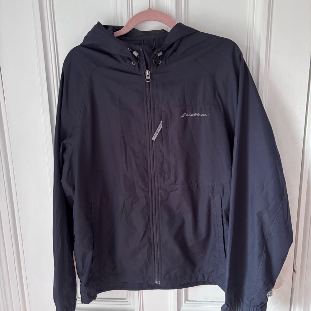 Men’s Eddie Bauer Front Zip Hooded Rain Jacket Packable Ventilation Pockets S